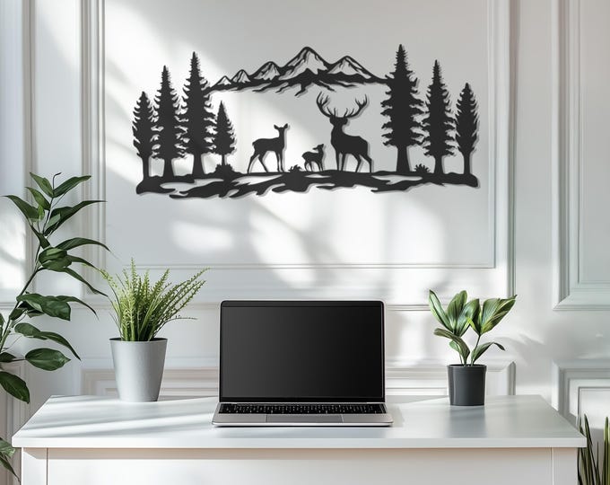 Metal Deer Family Wall Art, Deer and Forest with Mountain Sign, Wildlife Metal Home Art, Metal Wall Decor, Father's Day Gift, Gift for Home