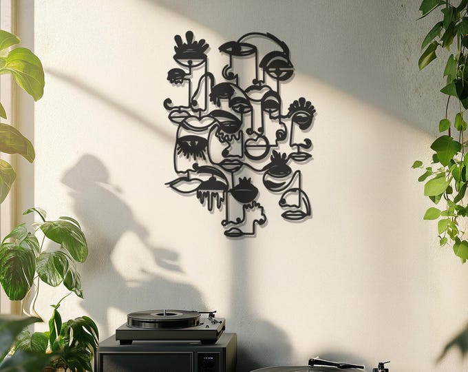 Abstract Faces Metal Wall Art, Modern Line Art Decor, Contemporary Home Decoration, Unique Geometric Design, Metal Silhouette Wall Hanging