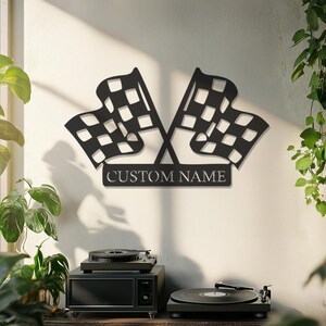 Custom Name Checkered Flag Metal Wall Art, Personalized Racing Wall Sign, Metal Wall Decor, Father&#39;s Day Gift, Personalized Gift For Racer