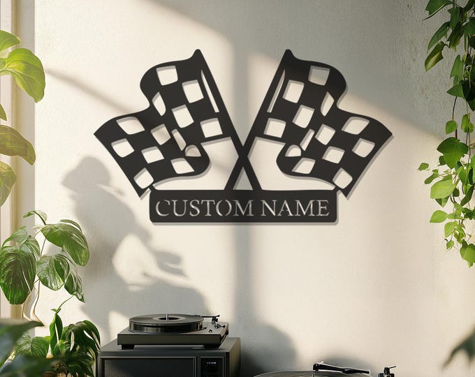 Custom Name Checkered Flag Metal Wall Art, Personalized Racing Wall Sign, Metal Wall Decor, Father's Day Gift, Personalized Gift For Racer