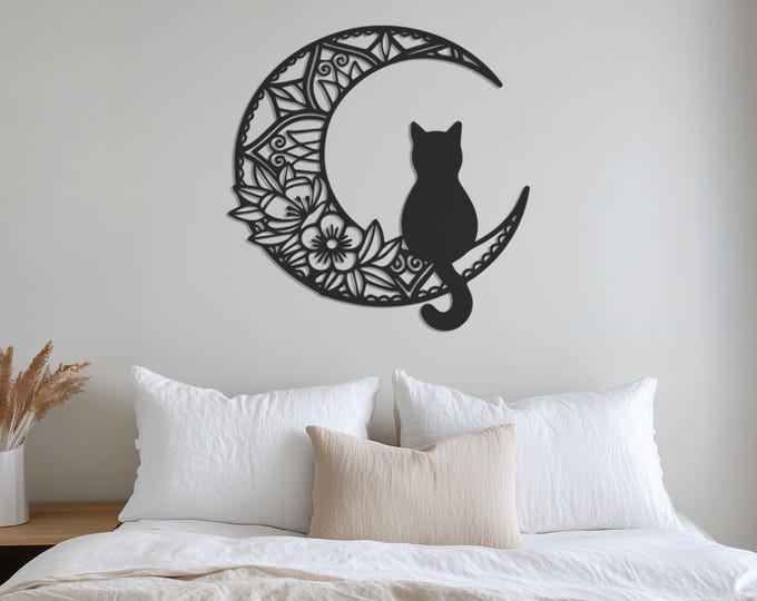 Cat on Moon Metal Wall Art, Moon Metal Wall Art, Unique Cat Lover Art, Modern Wall Hanging, Floral Crescent Moon Metal Art,Father's Day Gift