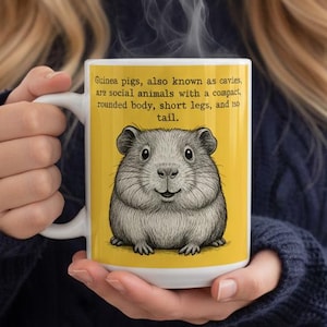 May include: White ceramic mug featuring a smiling guinea pig illustration on a yellow background. Text above the illustration describes guinea pigs. The mug is held by a person wearing a dark blue sweater.