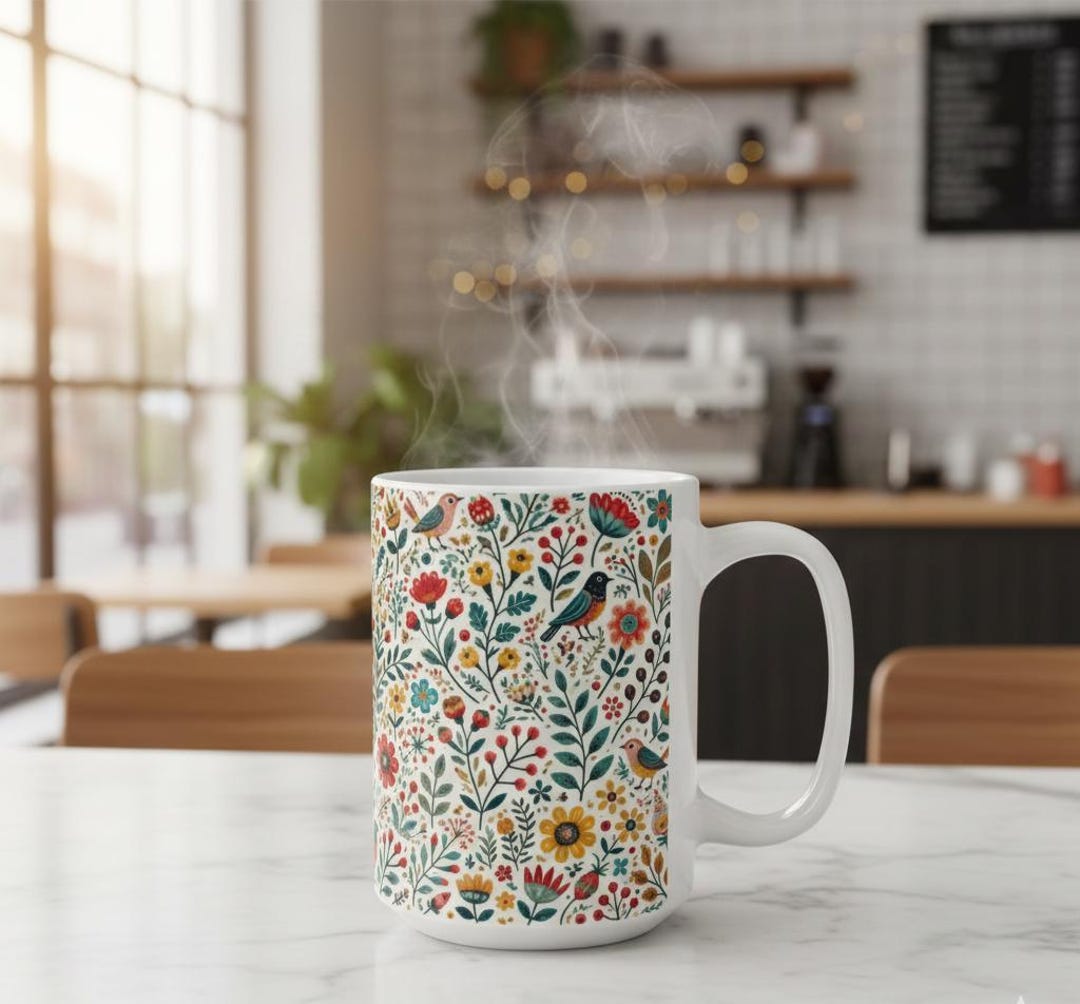 鳥と花のマグカップ：花柄の陶器製コーヒーカップ - Etsy 日本