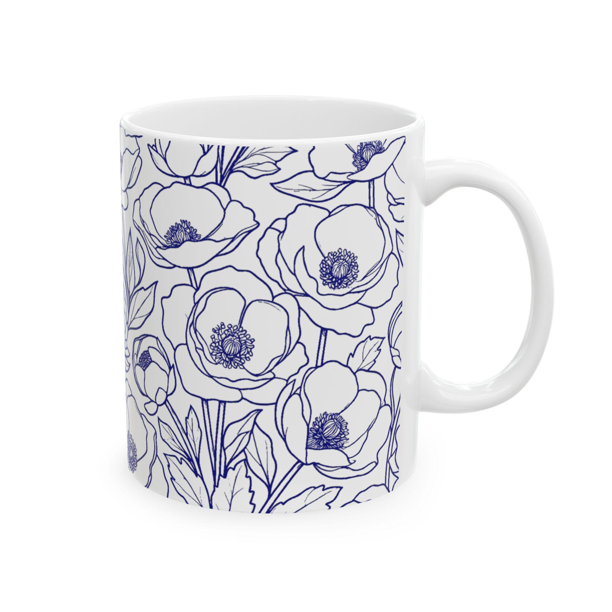 Blue Floral Line Art Mug | Botanical Pattern Ceramic Mug - Etsy