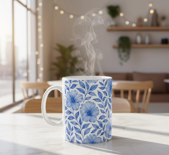 青い花柄マグカップ：光沢のあるセラミックコーヒーカップ - Etsy 日本