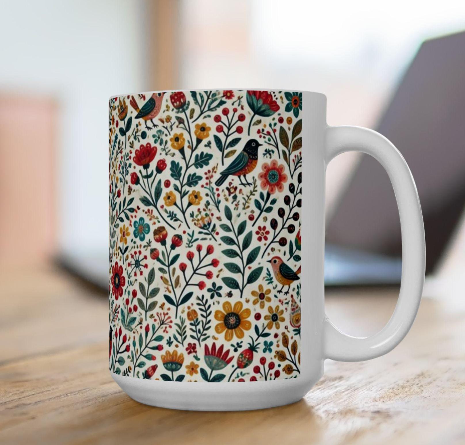 鳥と花のマグカップ：花柄の陶器製コーヒーカップ - Etsy 日本