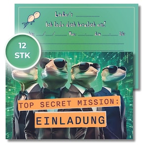 12 Einladungskarten für Spezialagenten-Kindergeburtstag – Geckos im MIB-Stil – Ideal für Spionage- und Detektiv-Partys
