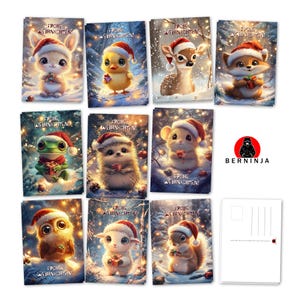 Set aus 20 Weihnachts-Postkarten - Süße Tiermotive (10 Designs) - Hochwertige Hochglanzveredelung