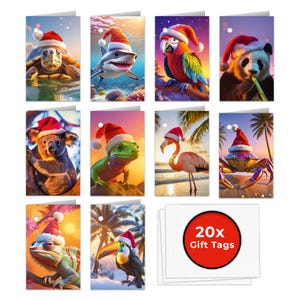 20 Weihnachts-Etiketten Anhänger, lustige Tiere mit Weihnachtsmützen, 300g matt, klimaneutral gedruckt, Xmas Tags für Geschenkverpackungen