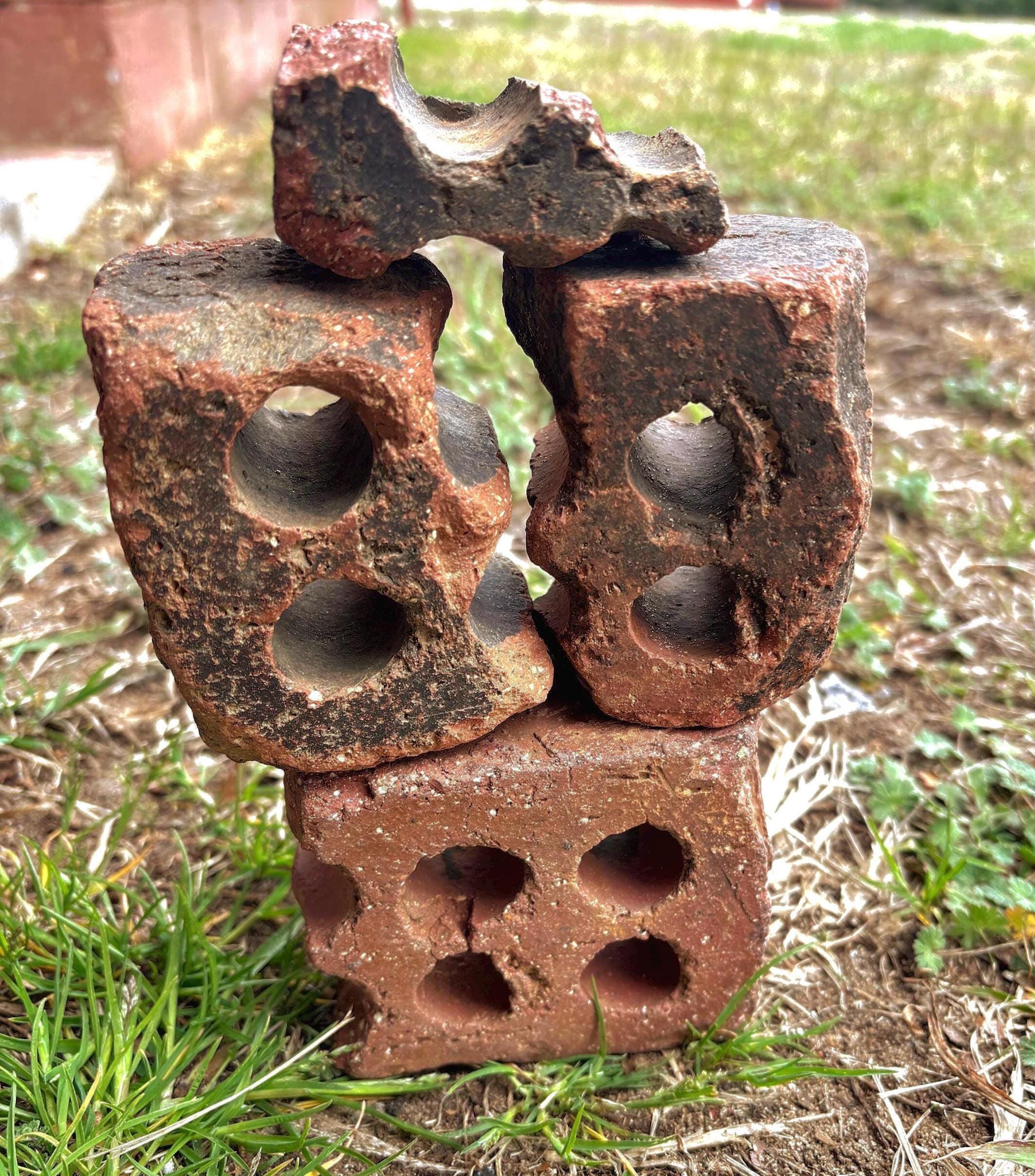 River Tumbled Red Clay Bricks: Reclaimed Garden Decor, Set of 4