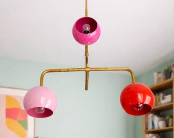 Mid Century Modern Brass Celling Light / Pink & Red Glass Chandelier / Luxury Home Lighting Lamp