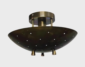 Brass Sputnik Flush Mount Light – Mid Century Antique Patina Single Bulb & Shade Holes Vintage Handmade Semi Flush Mount