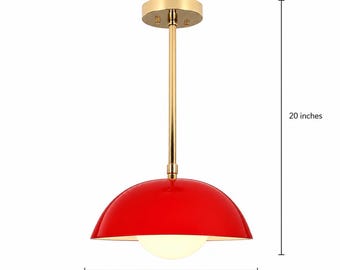 Lampa wisząca Sputnik w stylu Mid Century Modern z mosiężnym kloszem w kolorze czerwonym, do kuchni lub jadalni