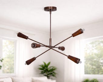 Żyrandol Sputnik z połowy lat 50. XX wieku, mosiądz i drewno, 6 świateł, antyczna patyna - stylowy żyrandol kuchenny