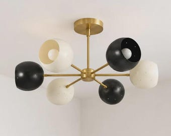 1950er Jahre Mid Century 6 Augapfel kleine Löcher Vintage schwarz / weiß handgefertigte Messing Kronleuchter Licht Wohnzimmer Leuchte Licht
