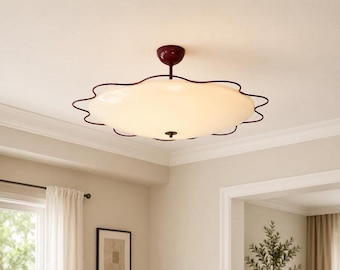 Mid Century Modern Celling shade Fixture 5 Light Celling Up Modern Light Cream & Cherry Flush Mount Brass Handmade Kitchen Livingroom Lamp