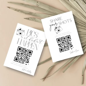 May include: Two white cards with black text and QR codes. One card reads "PICS or it didn't HAPPEN" with a camera icon. The other says "SHARE your SHOTS" with a camera icon. Both cards have a QR code.