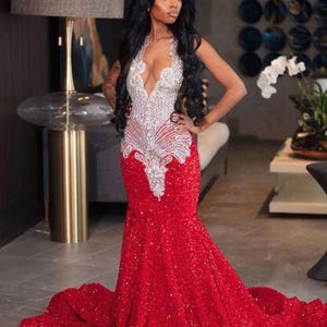 Red Rhinestone Mermaid Prom Dress: Handmade Wedding Reception Gown