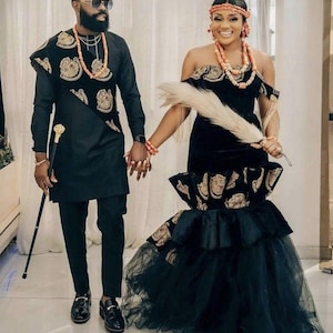 Handmade Velvet Isiagu African Wedding Outfit: Corset Gown & Matching Set