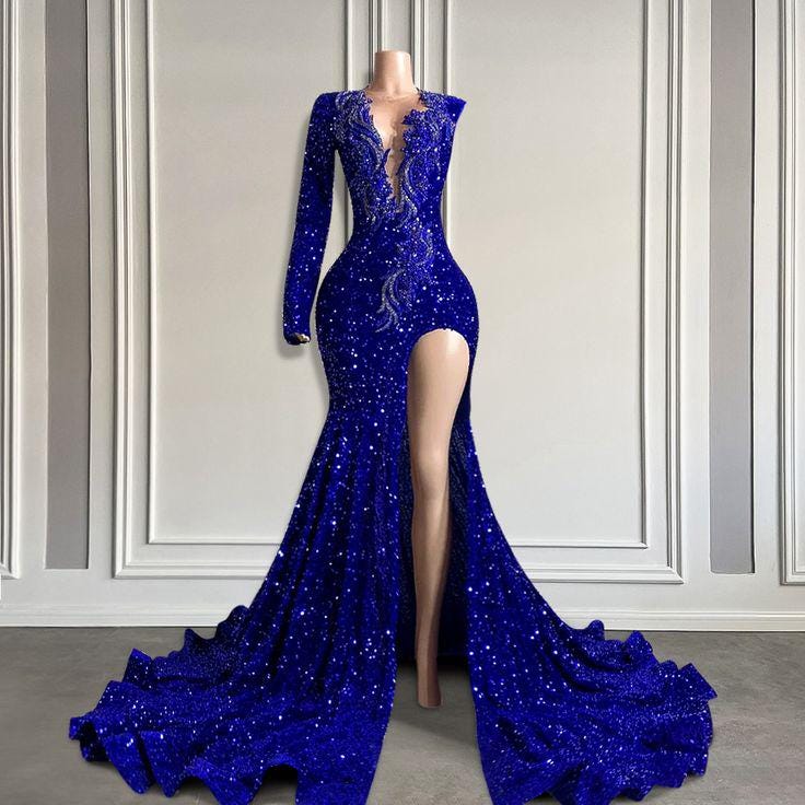 Blue Rhinestone Mermaid Prom Dress: Handmade Wedding