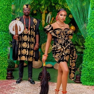 Handmade Isiagu Velvet African Wedding Outfit: Corset Gown & Matching Set