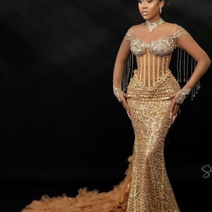 Gold beaded mermaid prom dress, wedding dress,reception dress, birthday dress, African dress, prom dress, homecoming, gold prom dress.