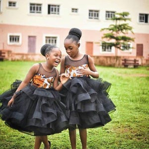 African tulle party dress, kiddies Ankara ball dress, girls&#39; ball dress, Ankara tulle dress, African print ball dress, African girls&#39; dress.