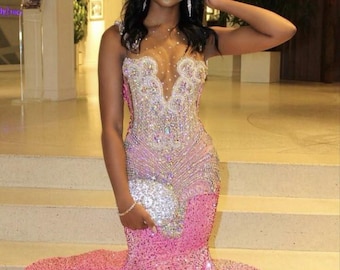 Handmade Pink Rhinestone Mermaid Dress: Prom, Wedding, Gala and Homecoming Dress