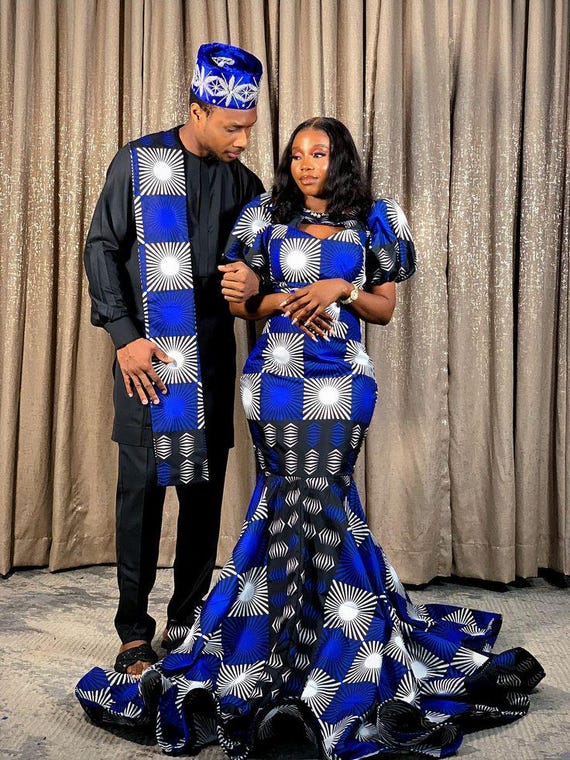 black and blue dress couple Royal Ankara Outfit: Mermaid Agbada Set Size:M/12 - (UK 12/US 8/EU 40) Twist Detail A-Line Midi Available Online
