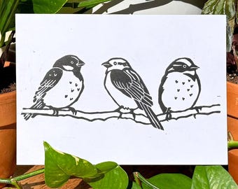 Sparrows- Original Linocut Print 5x7
