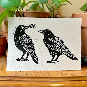 Birds- Linocut Original Print 5x7"