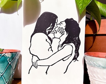 Kiss- Linocut Original Print 5x7