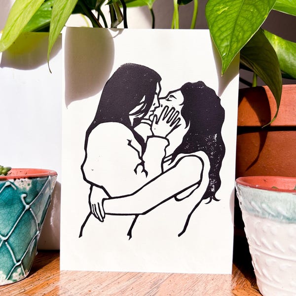 Kiss- Linocut Original Print 5x7