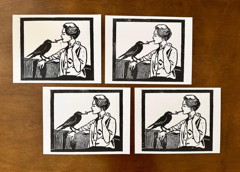 May include: Four black and white linocut prints. Each print depicts a person with a crow, with the crow holding a cigarette. The person is wearing a collared shirt and has short hair. The prints are on white paper.
