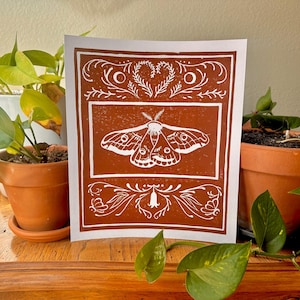 Moth- Linocut Original Print 8.5x10&quot;