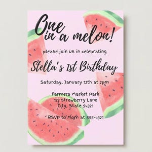 One in a Melon Birthday Invitation, Watermelon Birthday, Editable First Birthday Invitation