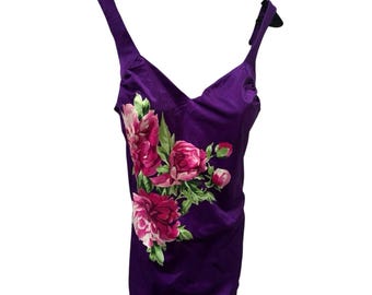 Vintage Roxanne paarse bloemen badpak bh maat 16/38C, VS