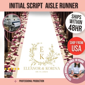 May include: White aisle runner with a floral monogram design featuring the initials "E" and "K" in gold. The text "Eleanor & Korina" and the date "08.14.2024" are printed in gold below the monogram. The runner is surrounded by pink and white flower petals.