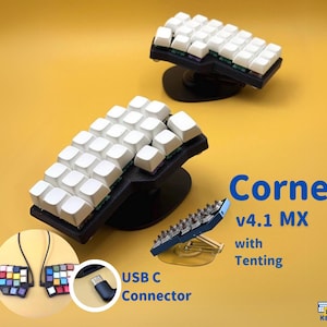 Corne v4.1 MX USB cablato preassemblato, completamente USB-C, tenda regolabile, pronta all'uso, set completo, tenda a 3 posti con custodia per stampa 3D