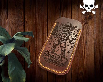 Premium Leather Pocket Knife Slip - (Lg) Cowboy Skully
