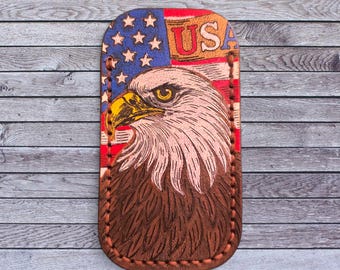 Hand-Painted Leather Pocket Knife Slip: Patriotic USA Eagle, Large