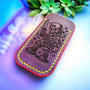 Hand-Dyed Leather Pocket Knife Slip: Neon Purple Skully (Lg)