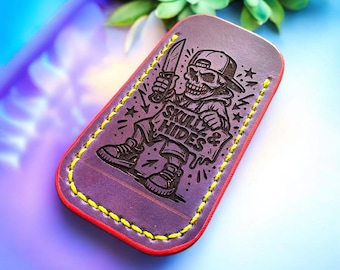 Hand-Dyed Leather Pocket Knife Slip: Neon Purple Skully (Lg)