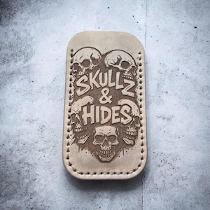 Premium Leather Pocket Knife Slip - (Lg) Skullz Stack - Grey