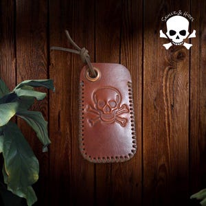 Premium Leather Slip &quot;Skullz & Hides Crossbones&quot; (Lg) - Italian Cognac Buttero Leather