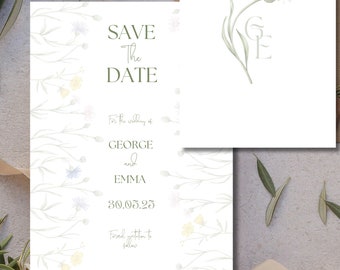 May include: Wedding stationery set featuring a 'Save the Date' card and an invitation card. The cards have a floral design with the text 'SAVE THE DATE' and the names 'GEORGE and EMMA' with the date '30.05.25'. The invitation card has a thistle illustration.