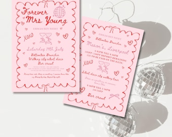 Hen do bachelorette party pink & red itinerary editable printable invitation