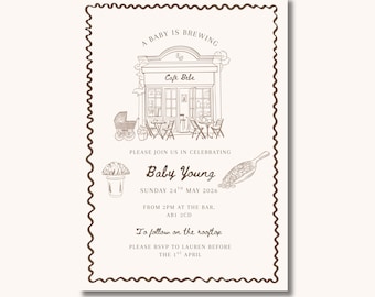 A baby is brewing Café Bébé theme neutral baby shower digital Invitation