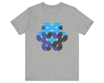 May include: A heather gray t-shirt featuring a geometric design of interconnected cubes in shades of blue, black, and white. The design is centered on the shirt, creating a modern and eye-catching graphic.