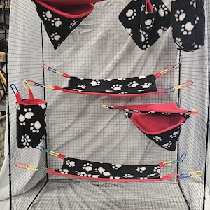 Lend me a Paw, Red, Sugar Glider Fleece Cage Set, Suggie Accessories, Forest theme pouches for Rats, possums, Flying Squirrel, Pocket Pets